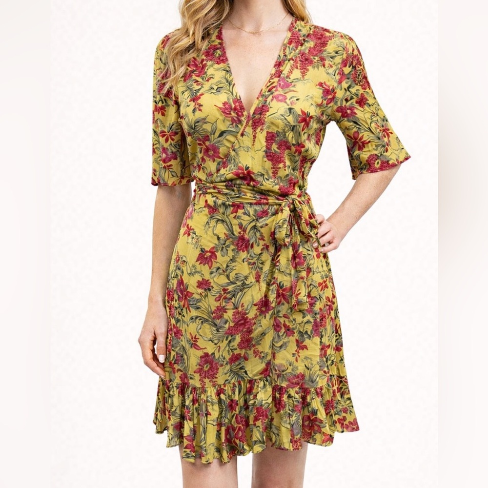 ZARA Yellow Floral Wrap Dress | Belted Midi | Size S